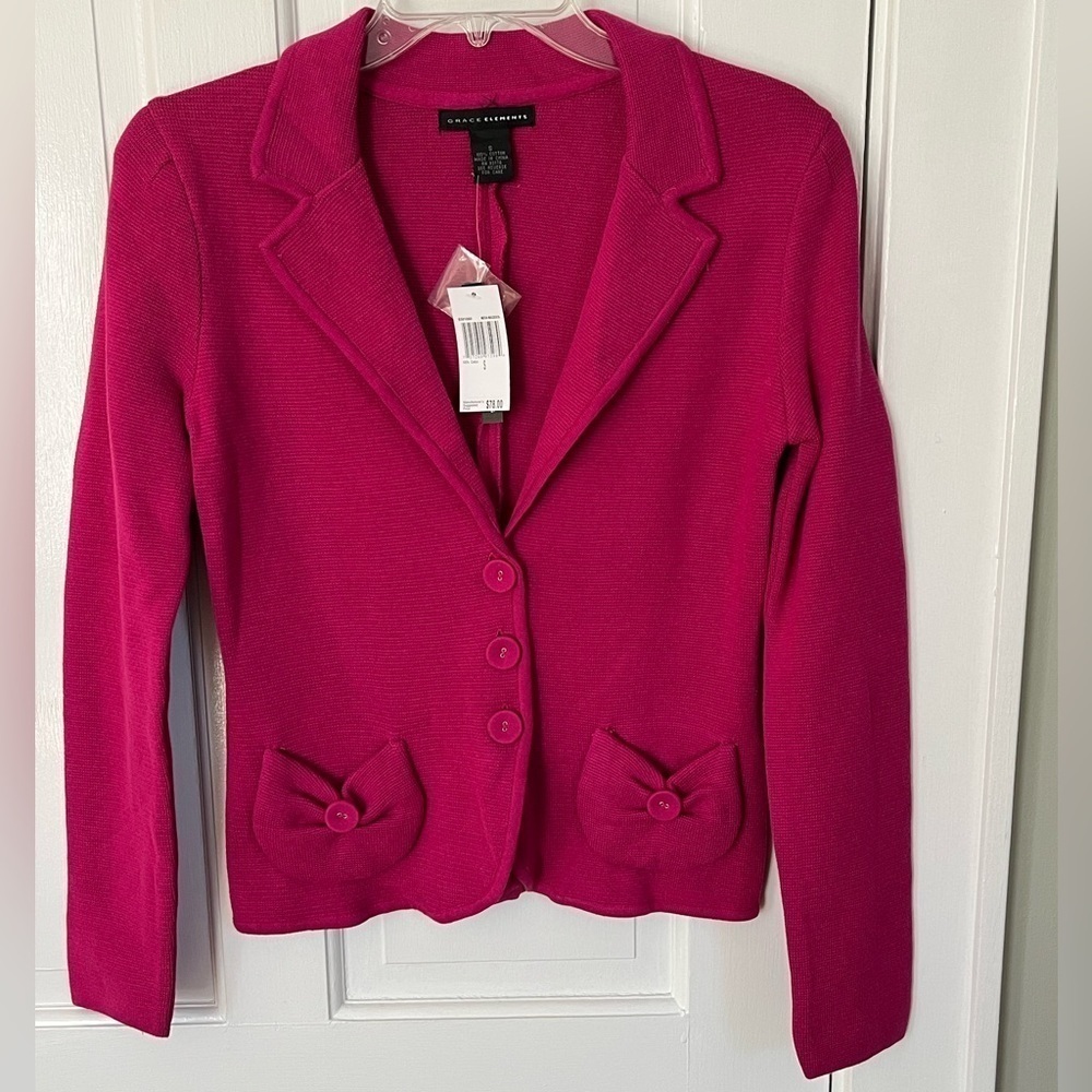 NWT Grace Elements 100% Cotton Knit Magenta Fitted Blazer Small Bows Girly